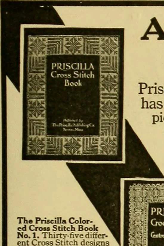 An illustration from The Priscilla filet crochet book, no. 2 ; a collection of beautiful designs in filet crochet, introducing filet crochet brodé, embroidery on crochet and cameo crochet, 1914, leaf 54