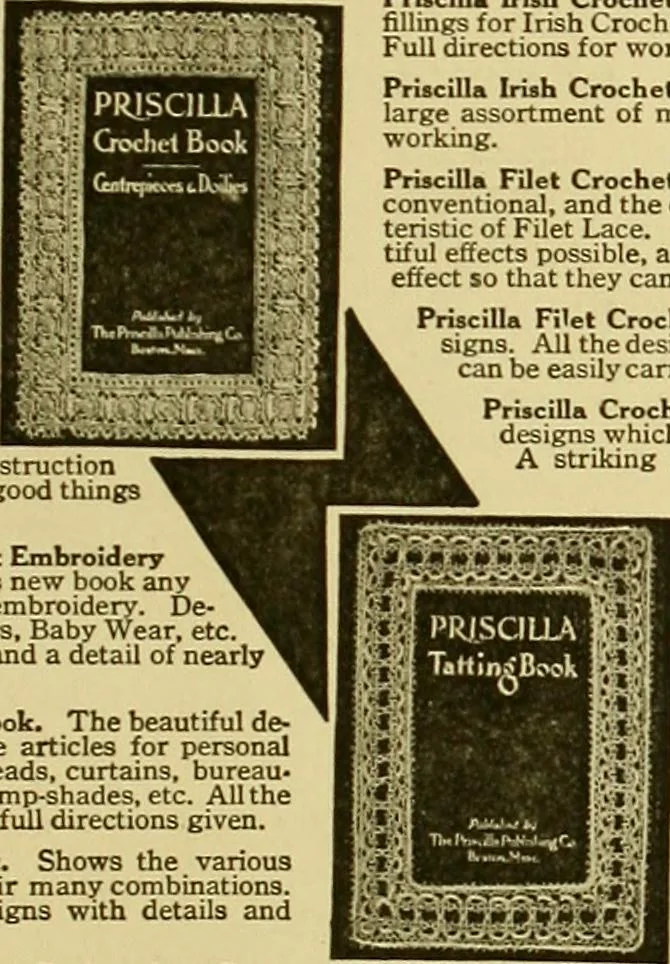An illustration from The Priscilla filet crochet book, no. 2 ; a collection of beautiful designs in filet crochet, introducing filet crochet brodé, embroidery on crochet and cameo crochet, 1914, leaf 54