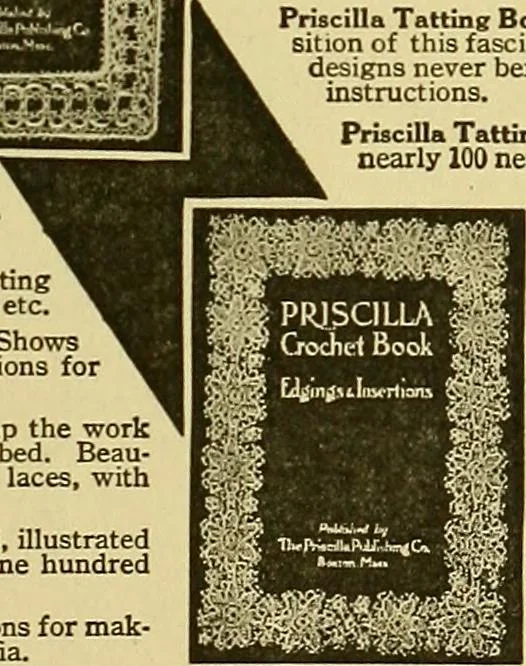 An illustration from The Priscilla filet crochet book, no. 2 ; a collection of beautiful designs in filet crochet, introducing filet crochet brodé, embroidery on crochet and cameo crochet, 1914, leaf 54