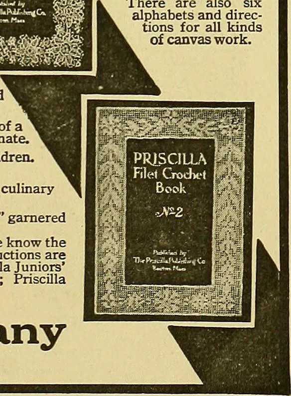 An illustration from The Priscilla filet crochet book, no. 2 ; a collection of beautiful designs in filet crochet, introducing filet crochet brodé, embroidery on crochet and cameo crochet, 1914, leaf 54