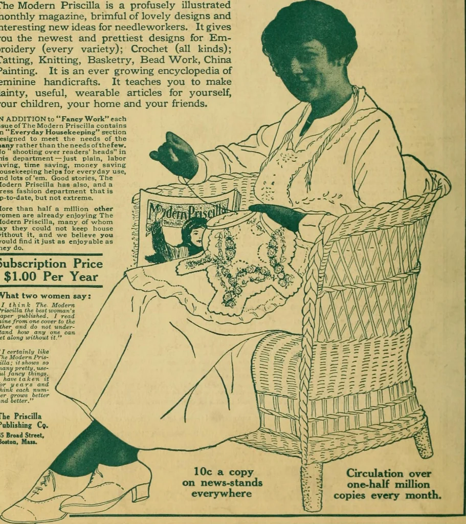 An illustration from The Priscilla filet crochet book, no. 2 ; a collection of beautiful designs in filet crochet, introducing filet crochet brodé, embroidery on crochet and cameo crochet, 1914, leaf 55