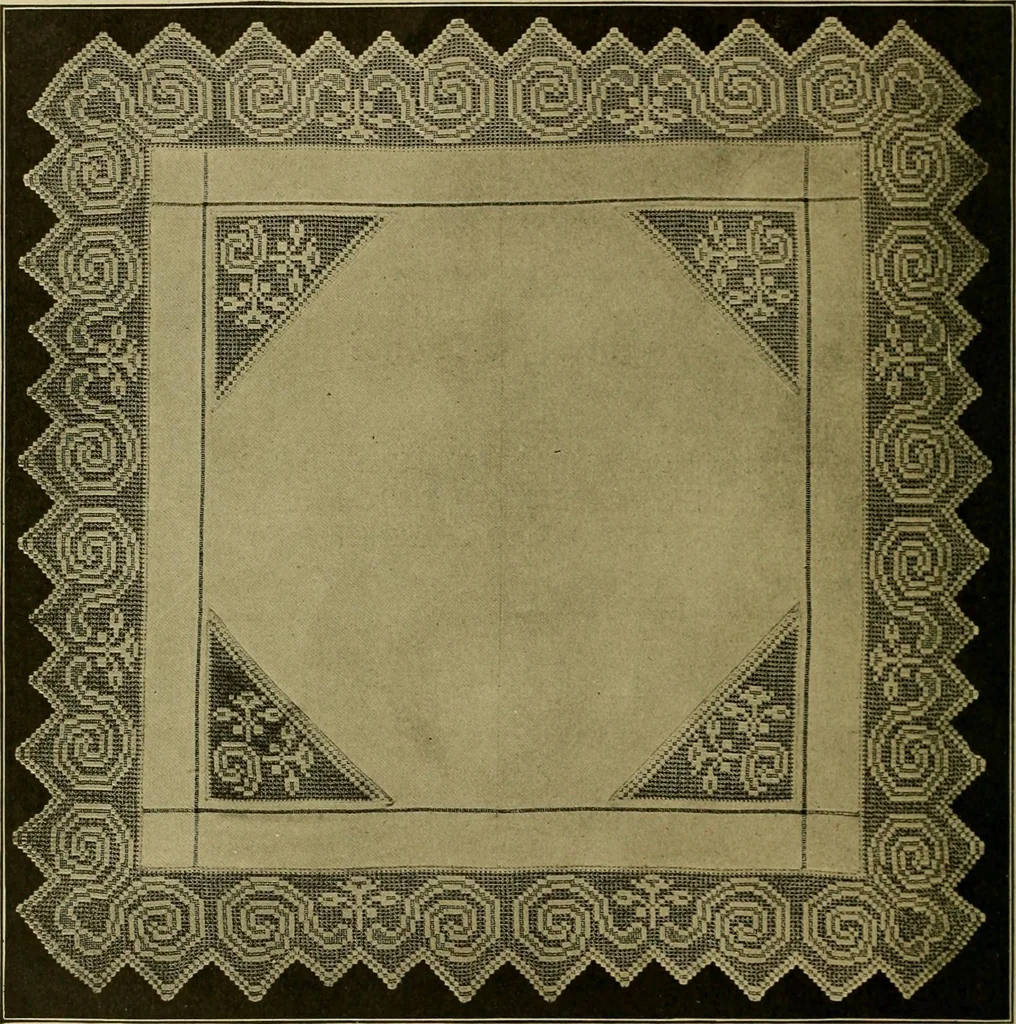 An illustration from The Priscilla filet crochet book, no. 2 ; a collection of beautiful designs in filet crochet, introducing filet crochet brodé, embroidery on crochet and cameo crochet, 1914, leaf 7