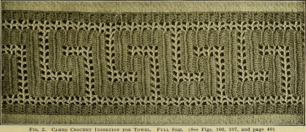 An illustration from The Priscilla filet crochet book, no. 2 ; a collection of beautiful designs in filet crochet, introducing filet crochet brodé, embroidery on crochet and cameo crochet, 1914, leaf 8