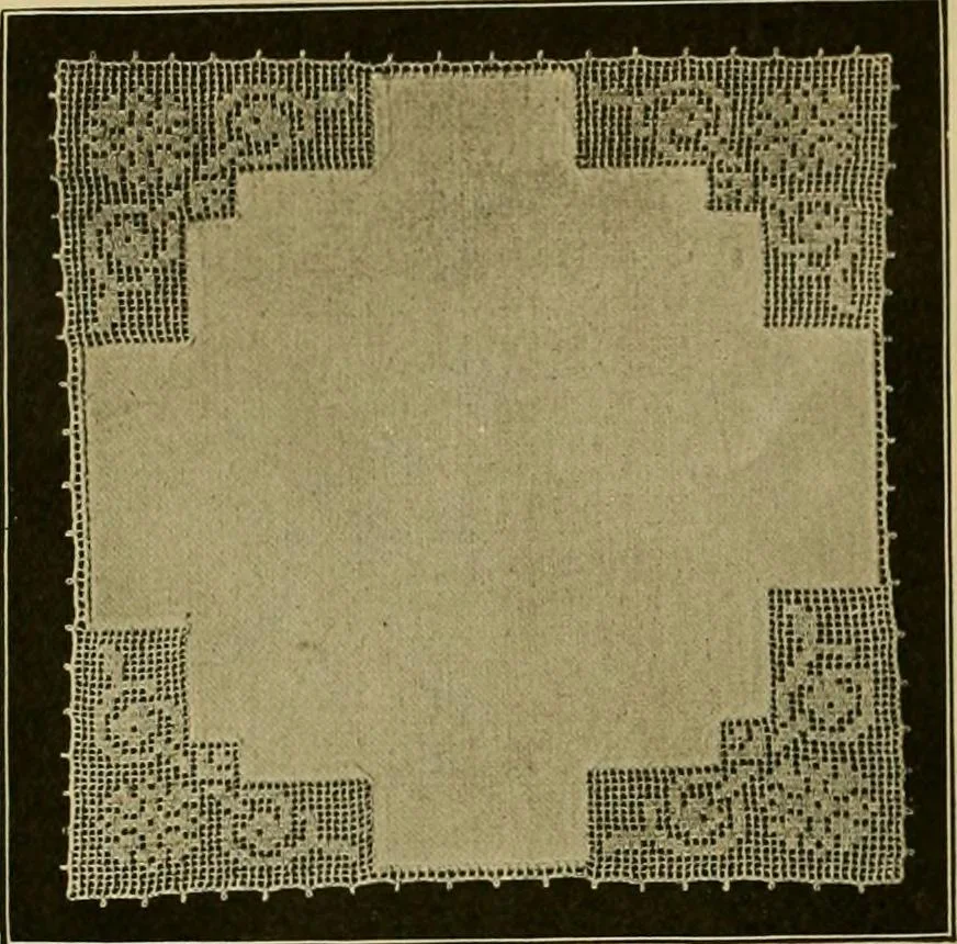 An illustration from The Priscilla filet crochet book, no. 2 ; a collection of beautiful designs in filet crochet, introducing filet crochet brodé, embroidery on crochet and cameo crochet, 1914, leaf 9