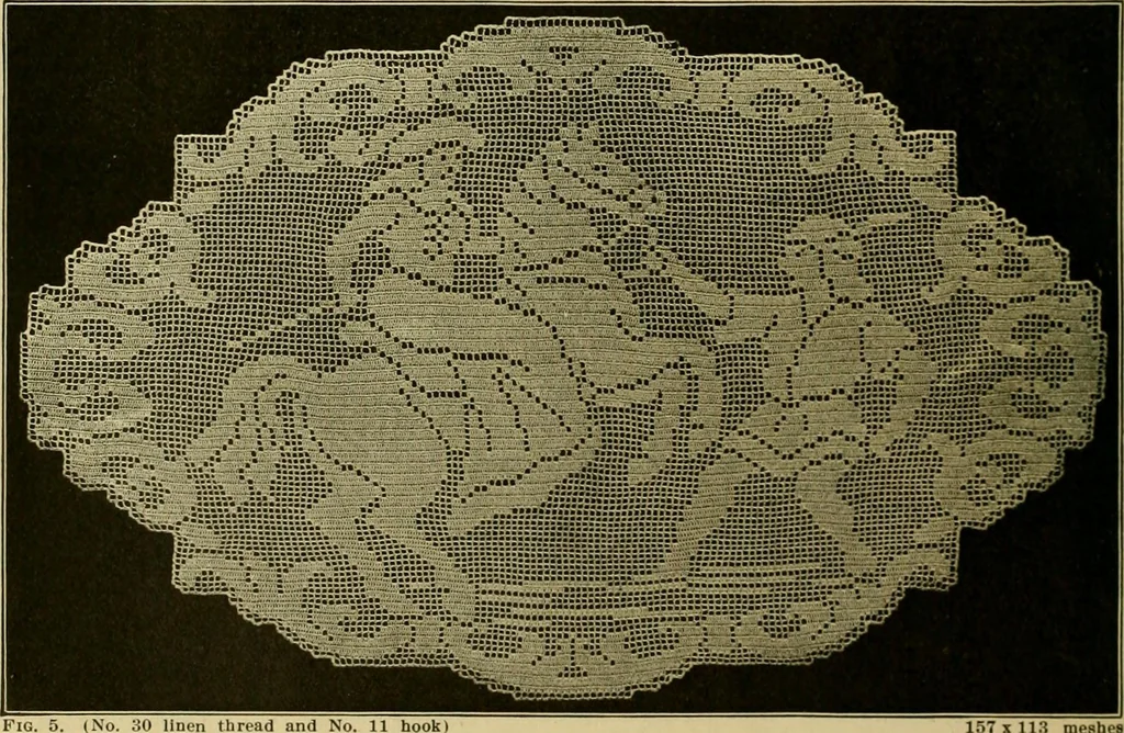 An illustration from The Priscilla filet crochet book, no. 2 ; a collection of beautiful designs in filet crochet, introducing filet crochet brodé, embroidery on crochet and cameo crochet, 1914, leaf 9