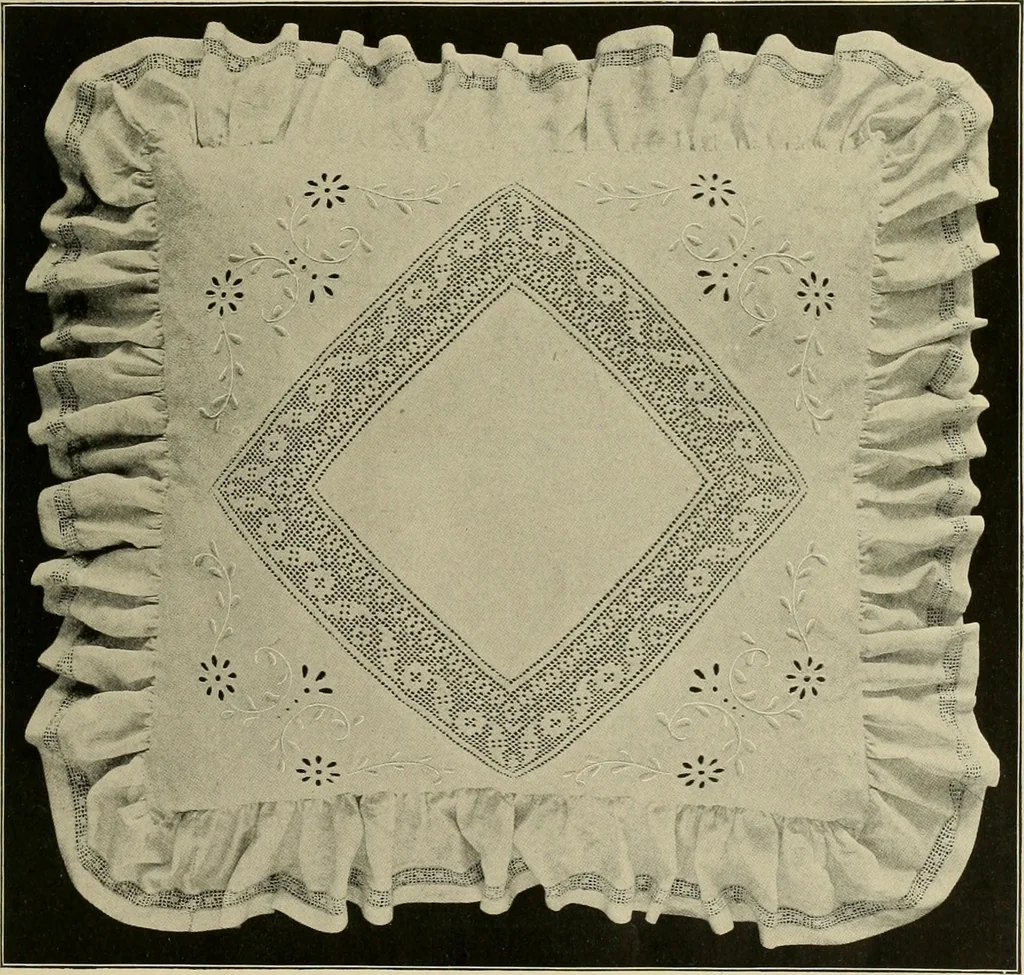 An illustration from The Priscilla filet crochet book; a collection of beautiful designs in filet crochet, equally adapted to cross-stitch, beads and canvas, with working directions, 1911, leaf 10