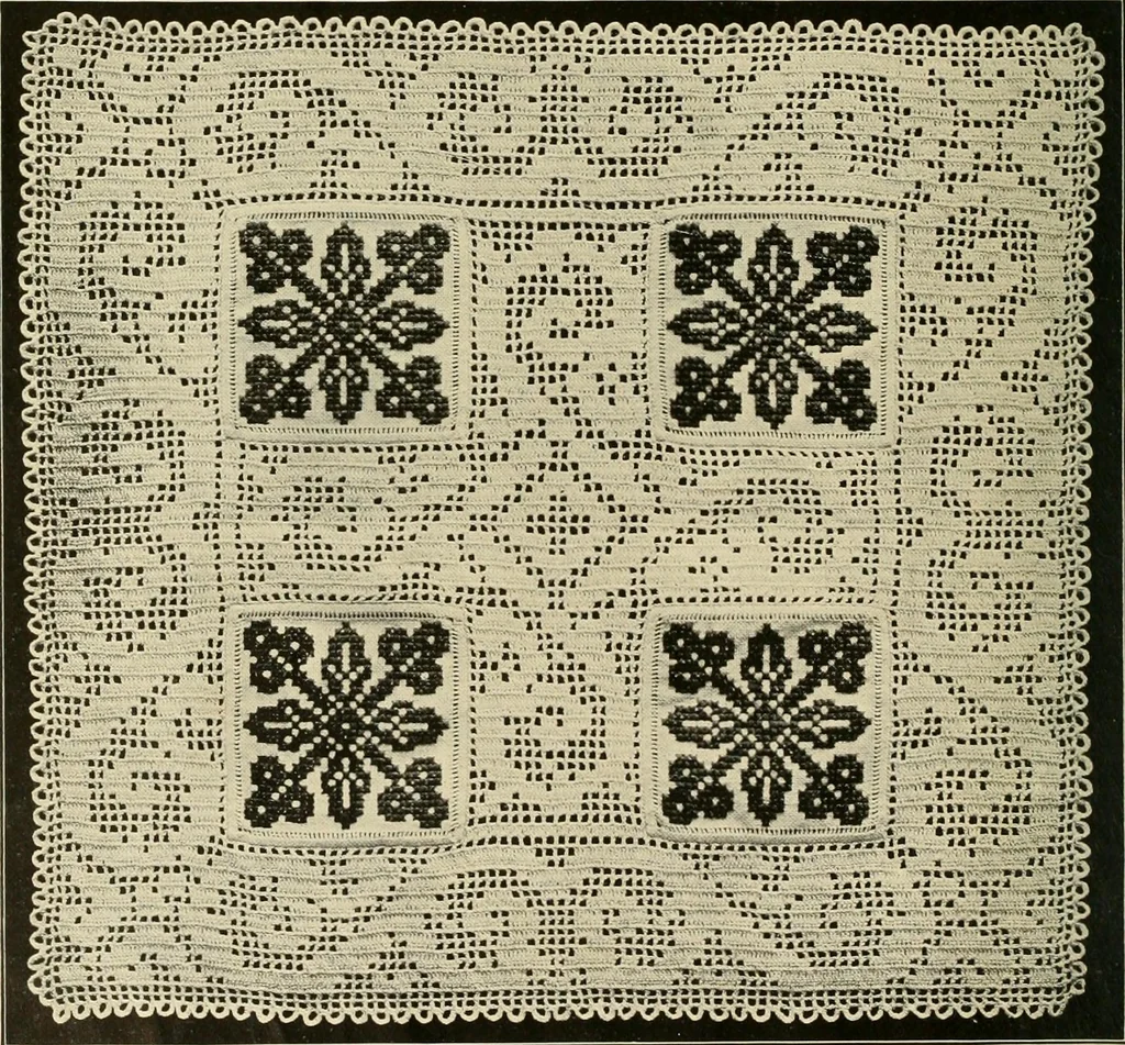 An illustration from The Priscilla filet crochet book; a collection of beautiful designs in filet crochet, equally adapted to cross-stitch, beads and canvas, with working directions, 1911, leaf 11