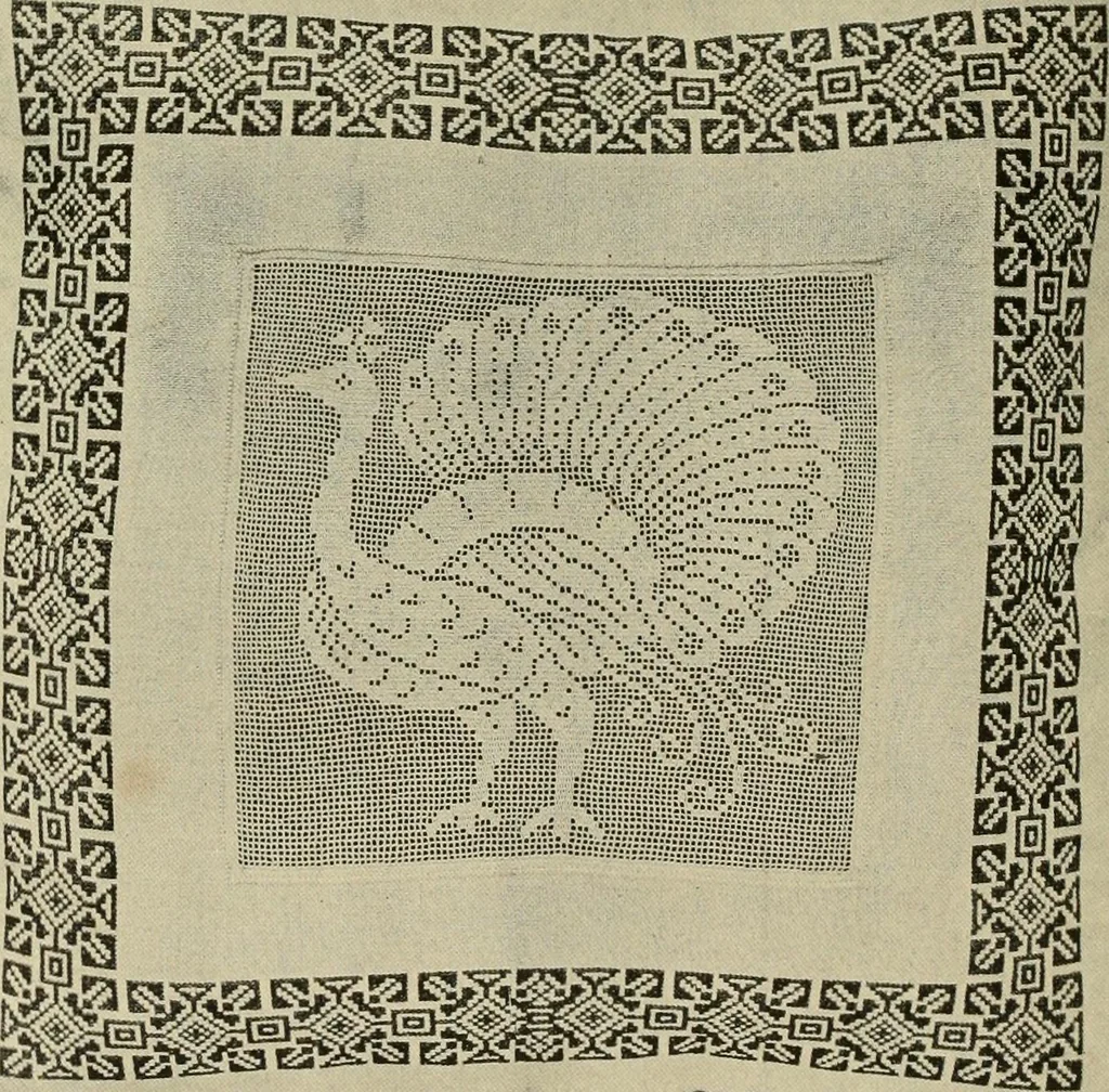 An illustration from The Priscilla filet crochet book; a collection of beautiful designs in filet crochet, equally adapted to cross-stitch, beads and canvas, with working directions, 1911, leaf 13