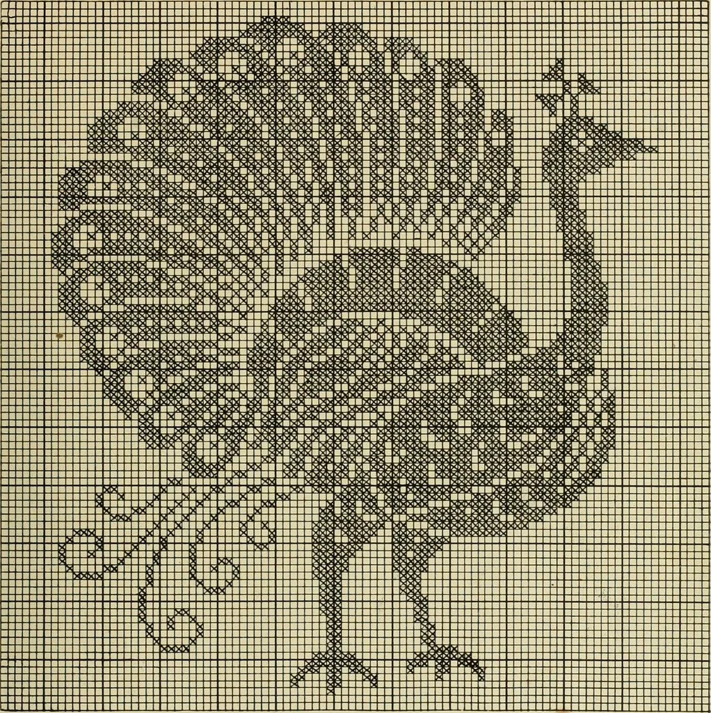 An illustration from The Priscilla filet crochet book; a collection of beautiful designs in filet crochet, equally adapted to cross-stitch, beads and canvas, with working directions, 1911, leaf 14