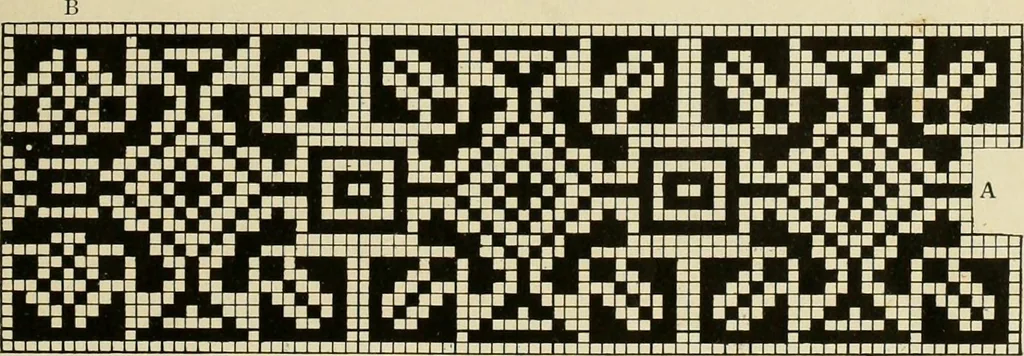 An illustration from The Priscilla filet crochet book; a collection of beautiful designs in filet crochet, equally adapted to cross-stitch, beads and canvas, with working directions, 1911, leaf 14