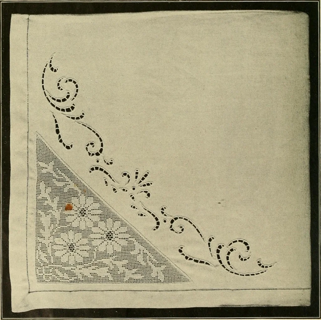 An illustration from The Priscilla filet crochet book; a collection of beautiful designs in filet crochet, equally adapted to cross-stitch, beads and canvas, with working directions, 1911, leaf 15