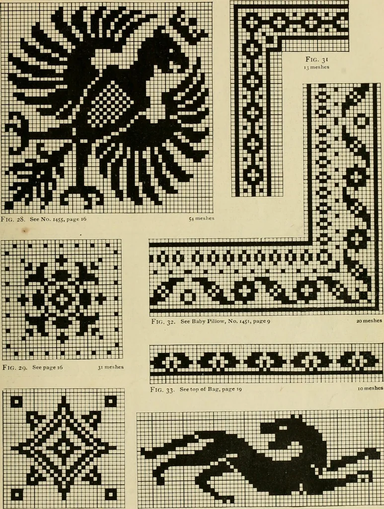 An illustration from The Priscilla filet crochet book; a collection of beautiful designs in filet crochet, equally adapted to cross-stitch, beads and canvas, with working directions, 1911, leaf 18