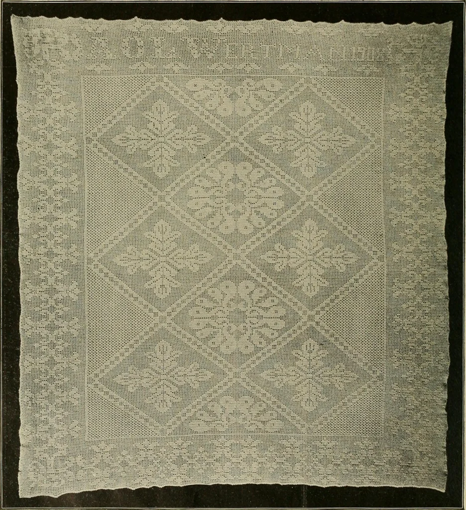 An illustration from The Priscilla filet crochet book; a collection of beautiful designs in filet crochet, equally adapted to cross-stitch, beads and canvas, with working directions, 1911, leaf 21