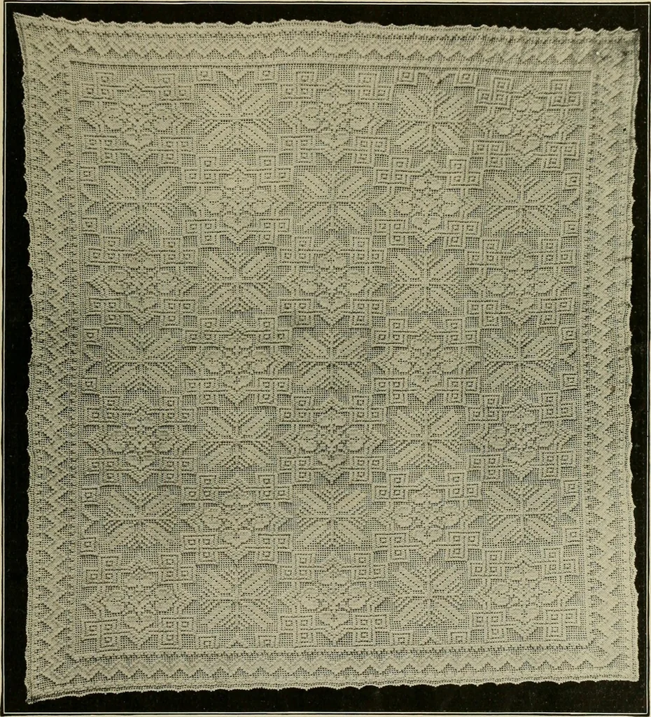 An illustration from The Priscilla filet crochet book; a collection of beautiful designs in filet crochet, equally adapted to cross-stitch, beads and canvas, with working directions, 1911, leaf 22