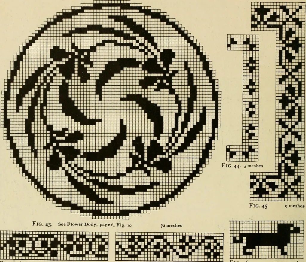An illustration from The Priscilla filet crochet book; a collection of beautiful designs in filet crochet, equally adapted to cross-stitch, beads and canvas, with working directions, 1911, leaf 23