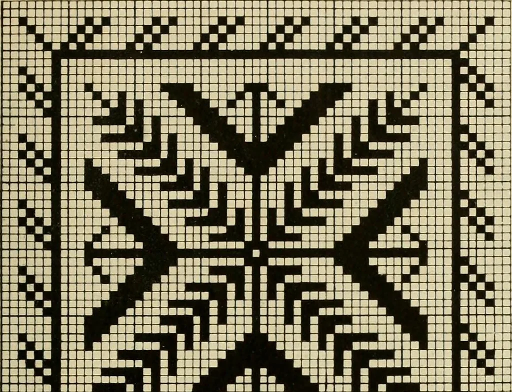 An illustration from The Priscilla filet crochet book; a collection of beautiful designs in filet crochet, equally adapted to cross-stitch, beads and canvas, with working directions, 1911, leaf 24