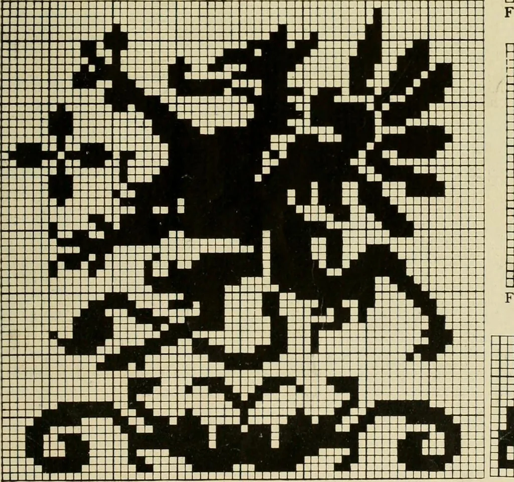 An illustration from The Priscilla filet crochet book; a collection of beautiful designs in filet crochet, equally adapted to cross-stitch, beads and canvas, with working directions, 1911, leaf 24