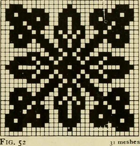 An illustration from The Priscilla filet crochet book; a collection of beautiful designs in filet crochet, equally adapted to cross-stitch, beads and canvas, with working directions, 1911, leaf 24