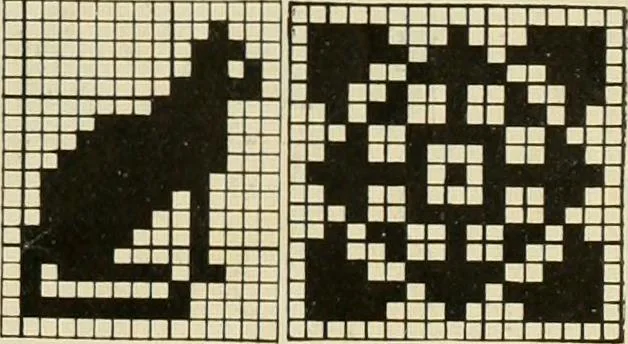 An illustration from The Priscilla filet crochet book; a collection of beautiful designs in filet crochet, equally adapted to cross-stitch, beads and canvas, with working directions, 1911, leaf 24