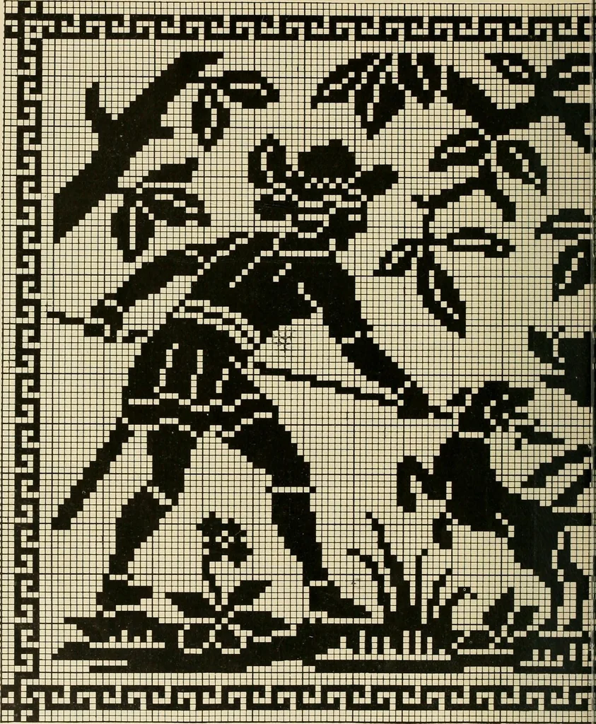 An illustration from The Priscilla filet crochet book; a collection of beautiful designs in filet crochet, equally adapted to cross-stitch, beads and canvas, with working directions, 1911, leaf 25