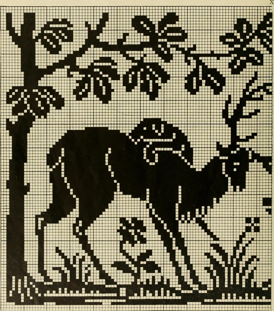 An illustration from The Priscilla filet crochet book; a collection of beautiful designs in filet crochet, equally adapted to cross-stitch, beads and canvas, with working directions, 1911, leaf 27
