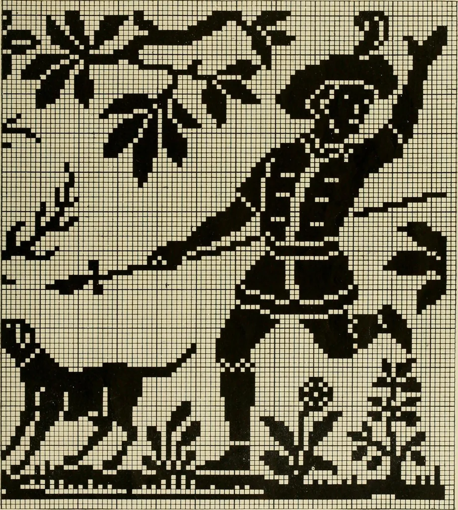 An illustration from The Priscilla filet crochet book; a collection of beautiful designs in filet crochet, equally adapted to cross-stitch, beads and canvas, with working directions, 1911, leaf 28