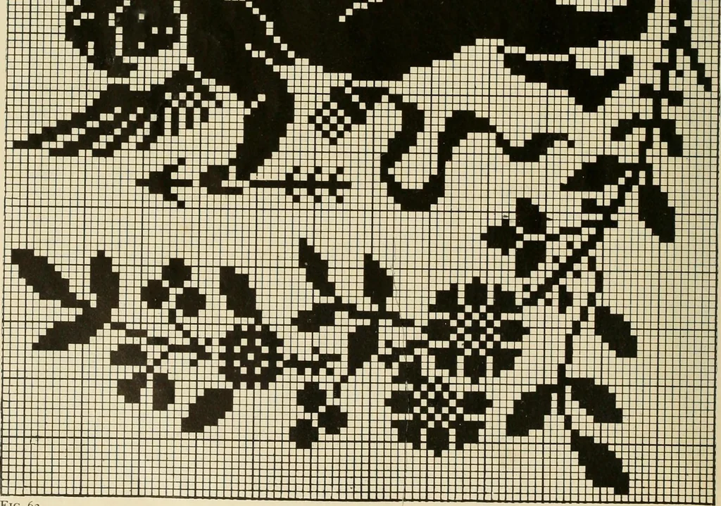 An illustration from The Priscilla filet crochet book; a collection of beautiful designs in filet crochet, equally adapted to cross-stitch, beads and canvas, with working directions, 1911, leaf 31