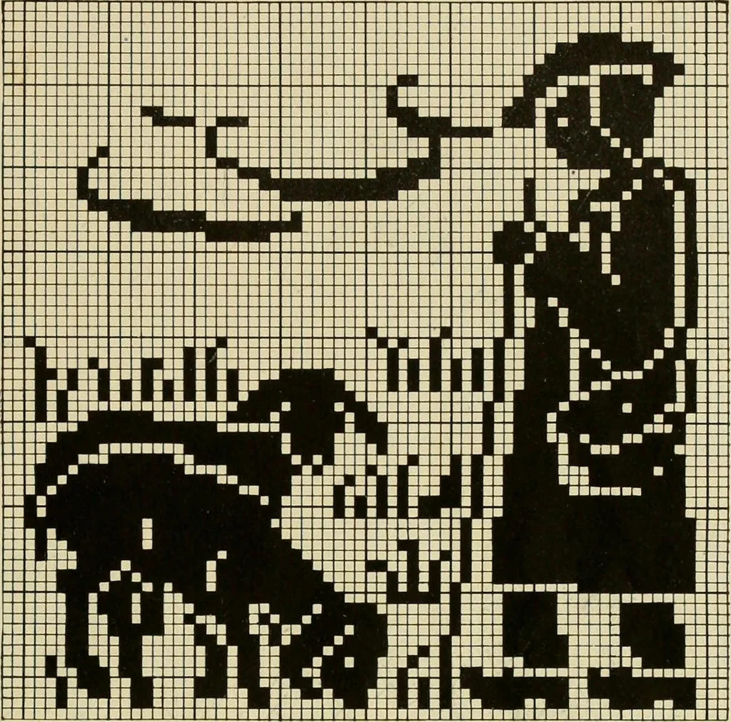 An illustration from The Priscilla filet crochet book; a collection of beautiful designs in filet crochet, equally adapted to cross-stitch, beads and canvas, with working directions, 1911, leaf 32