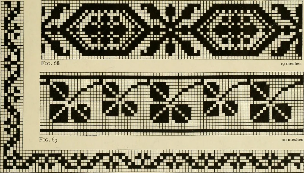 An illustration from The Priscilla filet crochet book; a collection of beautiful designs in filet crochet, equally adapted to cross-stitch, beads and canvas, with working directions, 1911, leaf 32