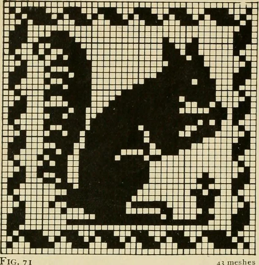 An illustration from The Priscilla filet crochet book; a collection of beautiful designs in filet crochet, equally adapted to cross-stitch, beads and canvas, with working directions, 1911, leaf 33