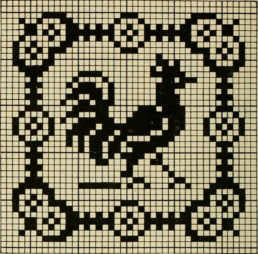 An illustration from The Priscilla filet crochet book; a collection of beautiful designs in filet crochet, equally adapted to cross-stitch, beads and canvas, with working directions, 1911, leaf 33