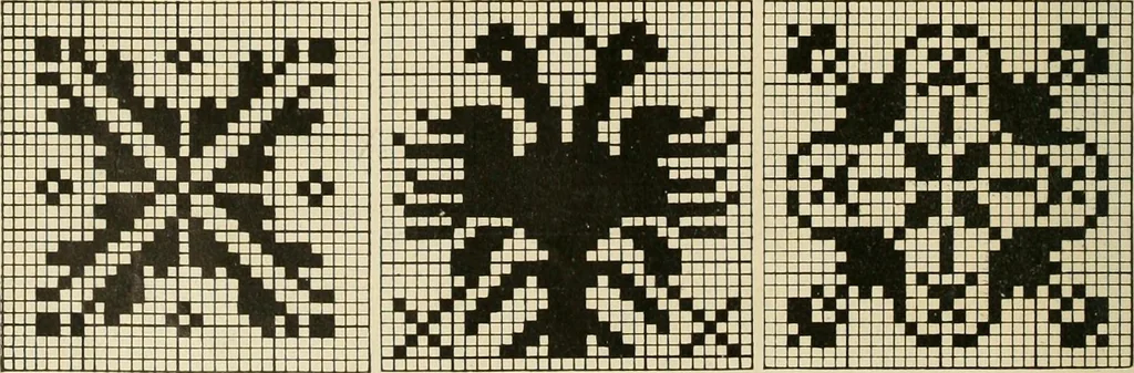 An illustration from The Priscilla filet crochet book; a collection of beautiful designs in filet crochet, equally adapted to cross-stitch, beads and canvas, with working directions, 1911, leaf 33