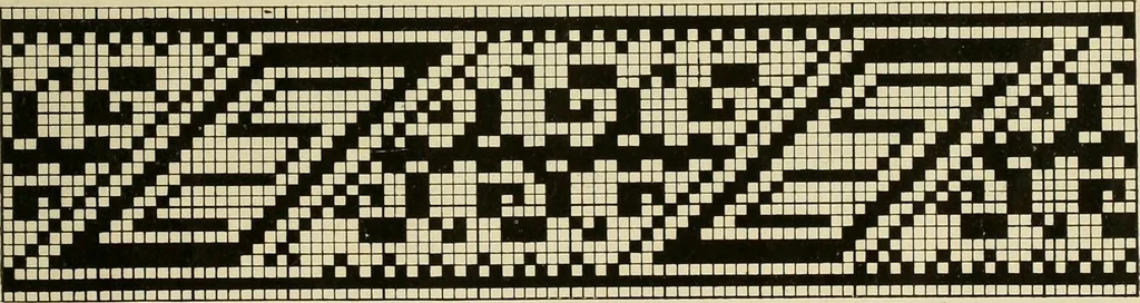 An illustration from The Priscilla filet crochet book; a collection of beautiful designs in filet crochet, equally adapted to cross-stitch, beads and canvas, with working directions, 1911, leaf 34