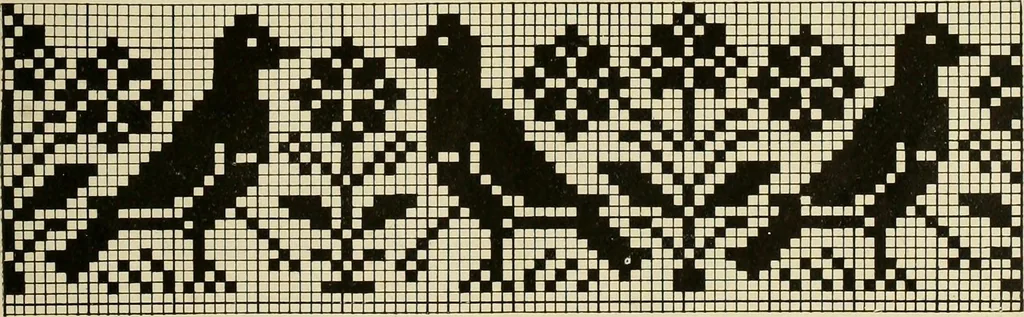 An illustration from The Priscilla filet crochet book; a collection of beautiful designs in filet crochet, equally adapted to cross-stitch, beads and canvas, with working directions, 1911, leaf 34