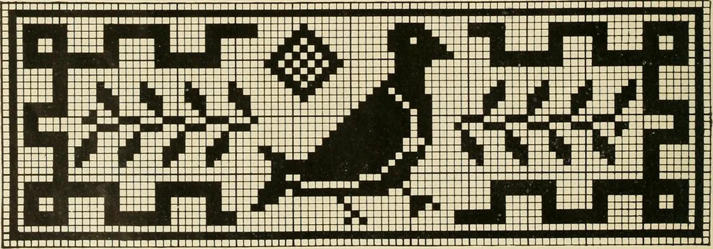 An illustration from The Priscilla filet crochet book; a collection of beautiful designs in filet crochet, equally adapted to cross-stitch, beads and canvas, with working directions, 1911, leaf 35