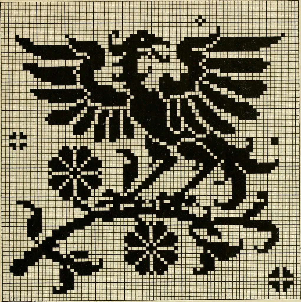 An illustration from The Priscilla filet crochet book; a collection of beautiful designs in filet crochet, equally adapted to cross-stitch, beads and canvas, with working directions, 1911, leaf 36