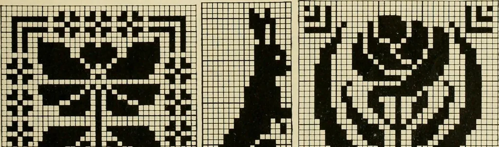 An illustration from The Priscilla filet crochet book; a collection of beautiful designs in filet crochet, equally adapted to cross-stitch, beads and canvas, with working directions, 1911, leaf 36