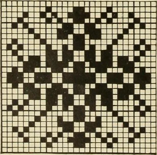 An illustration from The Priscilla filet crochet book; a collection of beautiful designs in filet crochet, equally adapted to cross-stitch, beads and canvas, with working directions, 1911, leaf 37