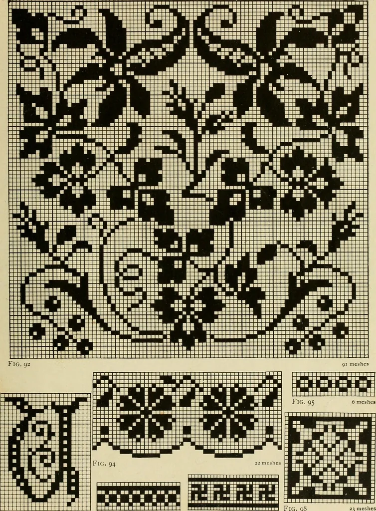 An illustration from The Priscilla filet crochet book; a collection of beautiful designs in filet crochet, equally adapted to cross-stitch, beads and canvas, with working directions, 1911, leaf 38
