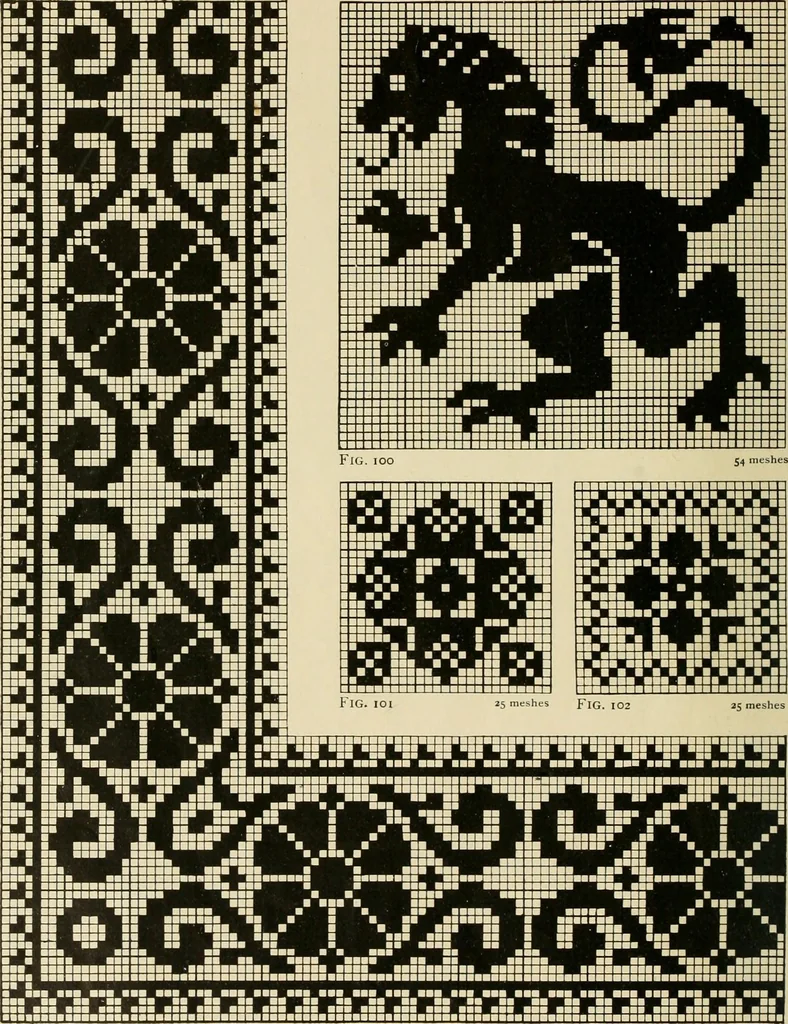 An illustration from The Priscilla filet crochet book; a collection of beautiful designs in filet crochet, equally adapted to cross-stitch, beads and canvas, with working directions, 1911, leaf 39