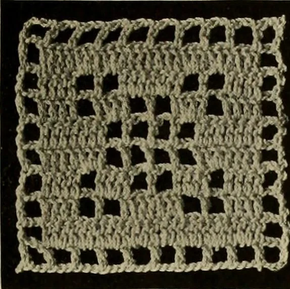 An illustration from The Priscilla filet crochet book; a collection of beautiful designs in filet crochet, equally adapted to cross-stitch, beads and canvas, with working directions, 1911, leaf 4
