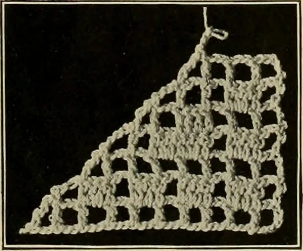 An illustration from The Priscilla filet crochet book; a collection of beautiful designs in filet crochet, equally adapted to cross-stitch, beads and canvas, with working directions, 1911, leaf 4