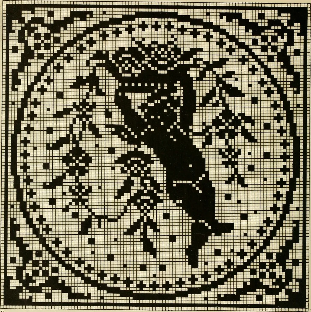 An illustration from The Priscilla filet crochet book; a collection of beautiful designs in filet crochet, equally adapted to cross-stitch, beads and canvas, with working directions, 1911, leaf 41