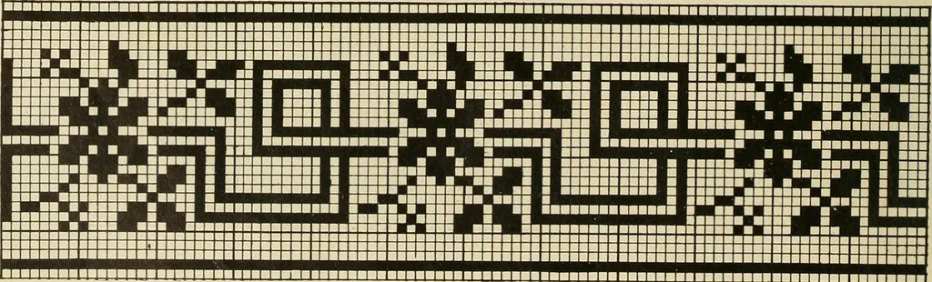 An illustration from The Priscilla filet crochet book; a collection of beautiful designs in filet crochet, equally adapted to cross-stitch, beads and canvas, with working directions, 1911, leaf 41