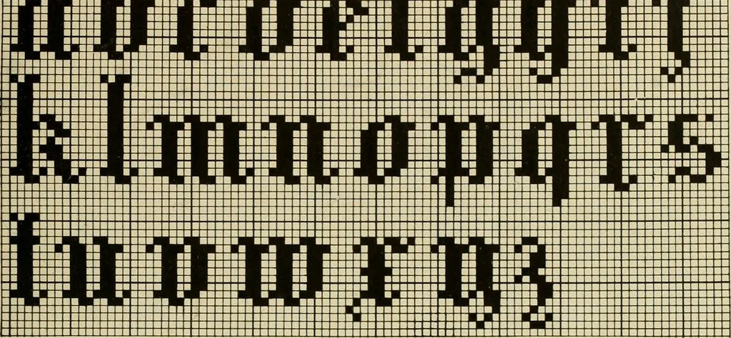 An illustration from The Priscilla filet crochet book; a collection of beautiful designs in filet crochet, equally adapted to cross-stitch, beads and canvas, with working directions, 1911, leaf 42