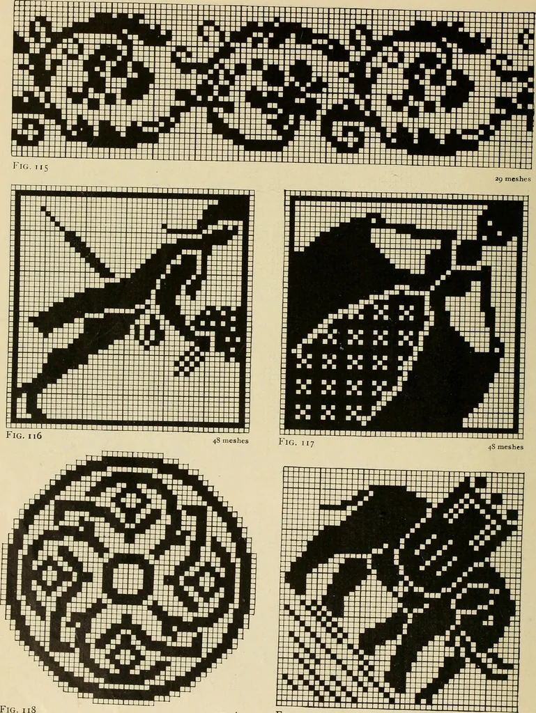 An illustration from The Priscilla filet crochet book; a collection of beautiful designs in filet crochet, equally adapted to cross-stitch, beads and canvas, with working directions, 1911, leaf 45
