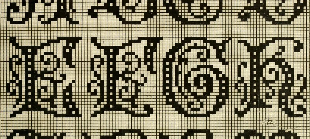 An illustration from The Priscilla filet crochet book; a collection of beautiful designs in filet crochet, equally adapted to cross-stitch, beads and canvas, with working directions, 1911, leaf 46
