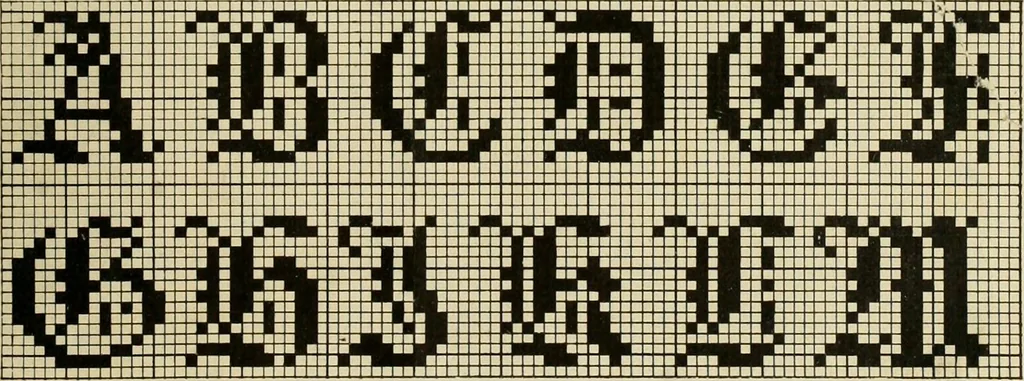 An illustration from The Priscilla filet crochet book; a collection of beautiful designs in filet crochet, equally adapted to cross-stitch, beads and canvas, with working directions, 1911, leaf 46