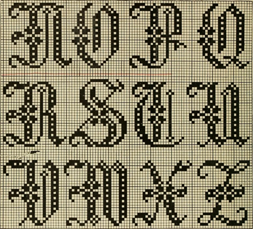 An illustration from The Priscilla filet crochet book; a collection of beautiful designs in filet crochet, equally adapted to cross-stitch, beads and canvas, with working directions, 1911, leaf 47