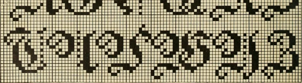 An illustration from The Priscilla filet crochet book; a collection of beautiful designs in filet crochet, equally adapted to cross-stitch, beads and canvas, with working directions, 1911, leaf 47